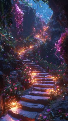 a set of stone steps leading up to a forest filled with flowers and plants at night