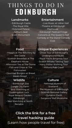 the top things to do in edinburgh, scotland info sheet with information about attractions and places to see