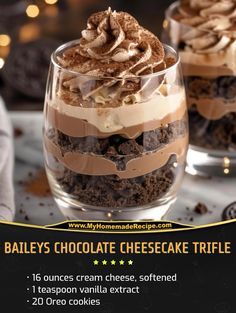 an advertisement for bailey's chocolate cheesecake trifle with cookies in the background