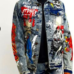 Unisex Splatter Paint & Letter Graphic Flap Pocket Denim Jacket & Jean Suit Splatter Paint, Denim Jean, Mens Denim, Flap Pocket, Jean Jacket, Mens Jeans, Denim Jeans, Denim Jacket, Man Shop