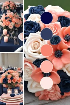 the wedding bouquet is made up of blue, peach and white flowers with candles in them