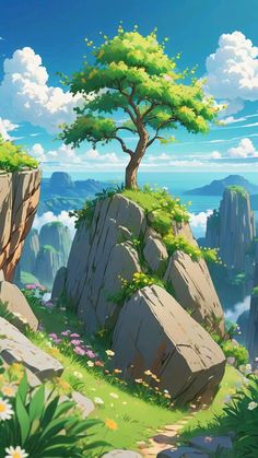 an anime landscape with rocks, grass and a tree on the top of a hill