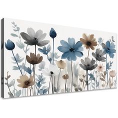 an abstract floral painting with blue and white flowers on a white background canvas print wall art