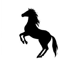 a black and white silhouette of a galloping horse with its rear legs spread out