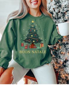 Buon Natale Sweatshirt, Buon Natale Shirt, Cute Italian Merry Christmas Sweatshirt, Christian Christmas Shirt Casual Festive Sweatshirt For Fall, Casual Fall Festive Sweatshirt, Casual Christmas Cotton Sweatshirt, Casual Cotton Christmas Sweatshirt, Casual Green Holiday Sweatshirt, Casual Green Sweatshirt For Holidays, Green Casual Christmas Sweater, Casual Green Christmas Sweatshirt, Casual Christmas Sweatshirt With Letter Print