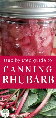 canning rhubars in a jar with the words, step by step guide to canning rhubar