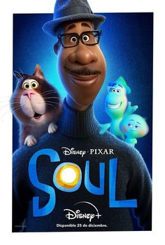 the poster for disney pixar's soul features an image of a man and two cats