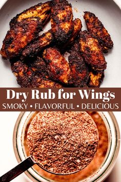 the ingredients for dry rub for wings in a glass bowl and on a white plate