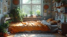 a bed sitting in a bedroom under a window next to a potted plant on top of a rug