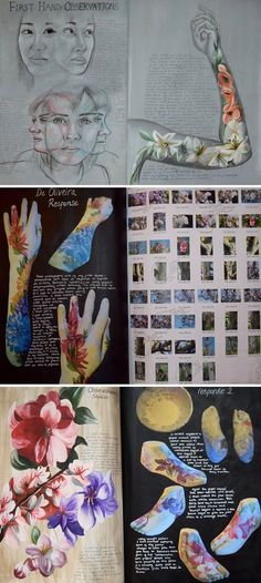 four different pictures of hands and flowers on the pages of a book, with text below