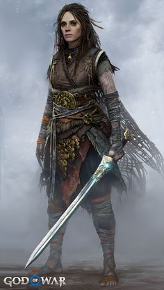 a woman with dreadlocks holding two swords in her hands and standing on the ground