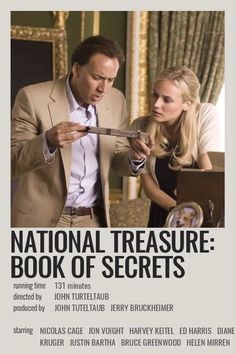 the poster for national treasure book of secrets, featuring two people looking at an object