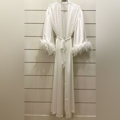 Long Silky Material Robe With Feather Cuff Trim. Perfect For All My Brides! Wear While Getting Your Hair And Makeup Done On Your Special Day! Today Is Your Day To Be Extra Material: Shell-97% Polyester 3% Spandex Hand Wash Cold No Bleach Hang To Dry Winter Robes, Feather Cuff, Today Is Your Day, Soft Robes, Wedding Kimono, Embroidered Kimono, Satin Kimono, White Bride, Feather Trim