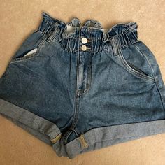 Like Brand New, Never Worn. Fit Is Like A Small/Medium High Waist Blue Shorts With Ruffles, Blue High-waist Shorts With Ruffles, Blue Ruffled Short Bottoms, Blue Paperbag Waist Bottoms For Spring, High Waist Cotton Ruffle Shorts, High Rise Cotton Bottoms With Ruffles, High Rise Denim Bottoms With Ruffles, Summer Denim Bottoms With Ruffles, High Rise Ruffled Cotton Bottoms