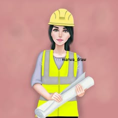 a woman wearing a hard hat and safety vest holding a rolled up piece of paper