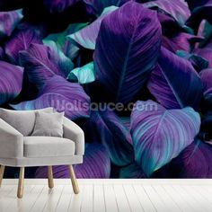 purple and green leaves wallpaper mural in a living room