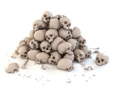 a pile of skulls and bones on a white background with clipping area for text