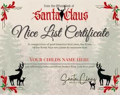 a certificate is shown with reindeers and holly wreaths on the bottom of it