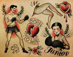 an old school tattoo design with two women boxing