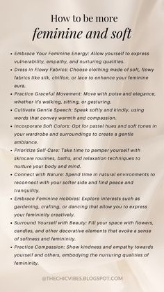 #ThatWomanEnergy #ElegantAndFeminine #HowToBeThatWoman #GraceAndPoise #ConfidentAndClassy #FeminineElegance #StrongFeminineEnergy #EleganceRedefined #BeThatGirl #EmpoweredFemininity #QuotesForHer #ChicAndClassy #SophisticatedWoman #FeminineInspiration #EmbraceYourElegance How To Be A Soft Girl Checklist, How To Be A Soft Woman, Being Feminine Tips, Spiritual Glow Up, Feminine Checklist, How To Be A Soft Girl, How To Feel Sexier Tips, How To Be Feminine Tips, How To Be Soft