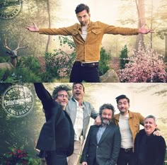 three different pictures of men in suits and ties posing for the camera with their arms spread out