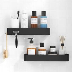 two black shelves holding different types of personal care products and toothbrushes on them