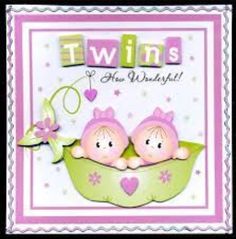 two babies are sitting in a green cradle with the words twins on it and pink bows