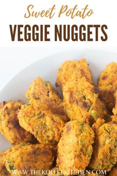 sweet potato veggie nuggets on a white plate with text overlay