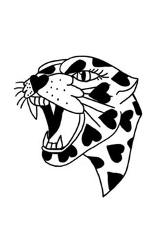 a black and white drawing of a cheetah's head with hearts on it