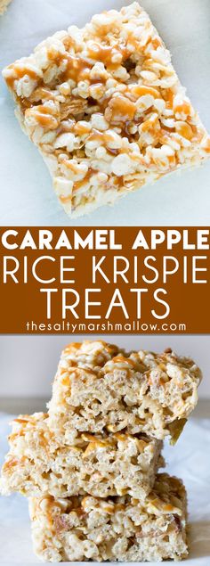 three different types of rice krispy treats stacked on top of each other with the words caramel apple rice krispie treats