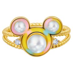 Mickey's sparkling personality is reflected in the finest cubic zirconia stones in the elegant setting of this ring which features a trio of organic shell pearls forming a Mickey icon. Created by CRISLU, and crafted from sterling silver plated with 18-karat yellow gold, this stylish ring will bring a smile to any situation. Mickey Mouse Icon, Mickey Mouse Toys, Mouse Icon, Stylish Rings, Jewelry Boards, Disney Jewelry, Hypoallergenic Earrings, Disney Style, Disney Store