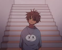 an anime character standing in front of stairs with his eyes closed and looking at the camera