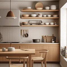 the kitchen is clean and ready to be used for dinner or lunchtime, as well as dishes on shelves