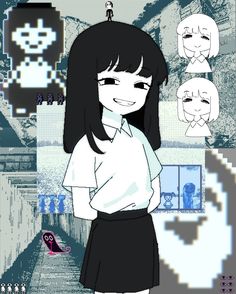 a girl in a white shirt and black skirt standing next to a wall with cartoon faces on it