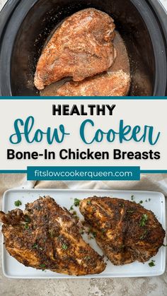 Healthy slow cooker bone-in chicken breasts is perfect for busy days or when you crave a delicious, fuss-free meal This healthy recipe requires simple seasoning and lets the crockpot do all the work. The result is juicy, flavorful chicken that's low-carb, paleo, and Whole30-friendly. Instructions for making this recipe in the Instant Pot are also included! Chicken Breast Slow Cooker, Queens Food, Bone In Chicken, Easy Chicken Breast, Chicken Breast Recipes Easy, Healthy Slow Cooker, Best Slow Cooker, Chicken Slow Cooker Recipes, Free Meal