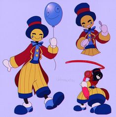 an animated character with various poses and expressions, including balloon being held by another character