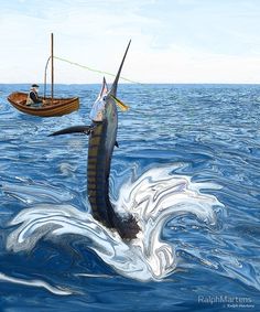 a painting of a sail boat in the ocean with a fish hooked up to it's tail