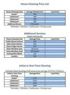 two pricing sheets for the house cleaning service