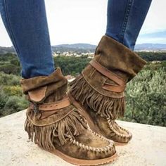 Women Casual Winter Suede Tassel Fringe Moccasin Boot Flat Slouch Mid Calf Shoes | eBay Fringe Moccasin Boots, Fringe Moccasins, Boho Shoes, Moccasin Boots, Suede Tassel, Tassel Fringe, Clothing Inspiration, Boot Shoes Women, Mid Calf