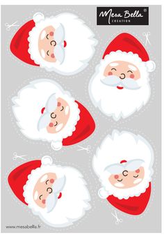 four santa clauss with white hair and beards on grey background, each wearing a red