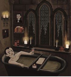 a painting of a woman in a bathtub with candles on the side and an open book next to it