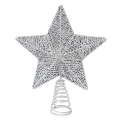 a white christmas ornament with a star hanging from it's side on a wire