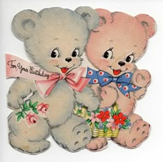 two teddy bears holding each other with a happy birthday message on the front and back