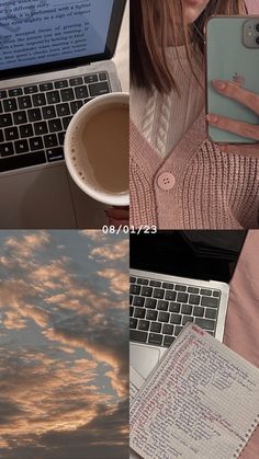 two pictures one with a laptop and the other with a cup of coffee