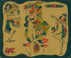 an old poster with some women dancing in different colors and designs on it's sides