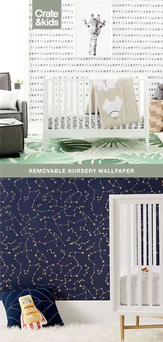 a baby crib next to a wallpaper with stars on it