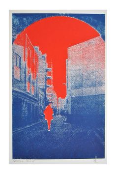 an image of a person walking down the street with red and blue colors on it