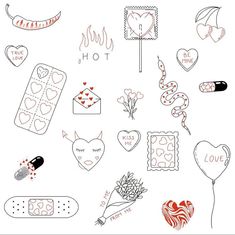 various valentine's day doodles are arranged on a white background, including hearts and candy