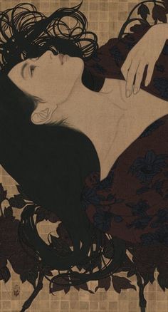 a painting of a woman with her hair blowing in the wind and flowers around her