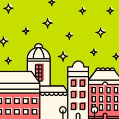 an image of a cartoon city with stars in the sky and buildings on green background